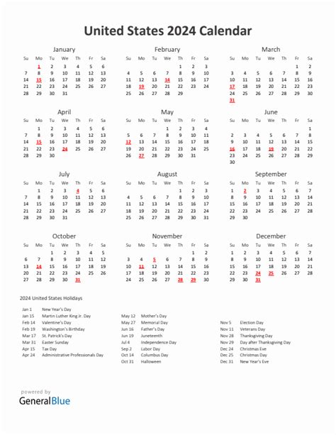 日历|Calendar for Year 2024 (United States)